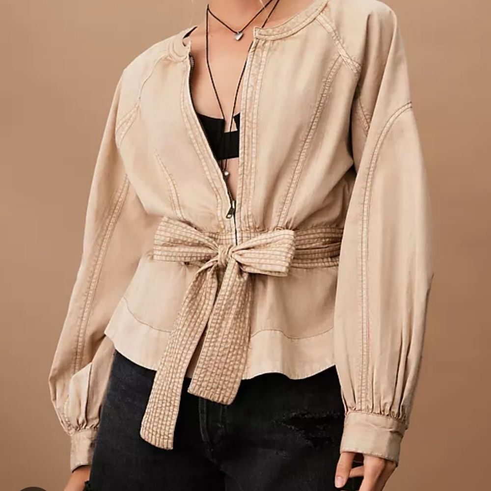 By Anthropologie Belted Round Neck Utility Jacket Tan Brown Size XL Sand Sable - Picture 2 of 15